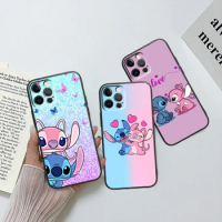 Disney Stitch Angel Love Apple iPhone 15 14 13 12 11 X XS XR 8 7 6 Pro Plus Max Mini 5S 5 SE Black Phone Case