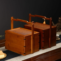 竹編茶箱雙層茶具收納提箱旅行竹制食盒日式復古竹茶盒竹提籃