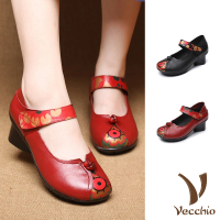 【Vecchio】真皮跟鞋 粗跟單鞋/真皮復古民族風印花結釦造型粗跟單鞋(2色任選)