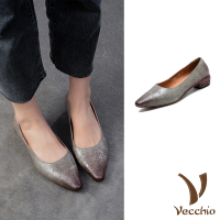 【Vecchio】真皮跟鞋 粗跟跟鞋/全真皮頭層牛皮古典浮雕小尖頭粗跟鞋(灰)