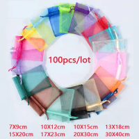 100Pcs/lot 7x9 9x12 10x15 13x18CM Organza Bags Jewelry Bag Wedding Party Decoration Drawable Bags Gift Pouches Jewelry Packaging