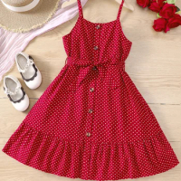 Girl's Spring/Summer New Red Dot Sling Skirt Spliced With Lotus Leaf Skirt, Leisure Vacation Small Fresh Dress