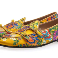 Fashion Trend Shoes Men Yellow Toned Multicolor Loafers Double Monk Strap Flats Embroidered Slippers Slip On Casual Shoes Men