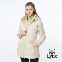 【Lynx Golf】女款長版防風保暖潑水鋪棉款素面壓線長袖可拆式連帽外套-卡其色