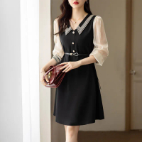 【MsMore】韓版氣質優雅蕾絲拼接法式翻領長袖連身裙中長版洋裝#121360(黑)