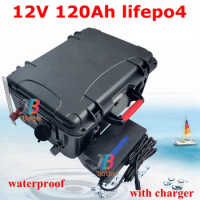 Waterproof 12V 120Ah LiFepo4 lithium battery pack BMS 100A for fishing boat electric trolling motor UPS RV Caravan+10A charger
