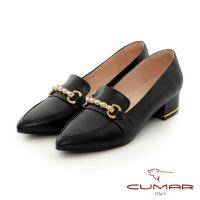 【CUMAR】珍珠飾釦粗跟樂福鞋(黑色)