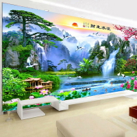 中式山水風景壁畫流水生財迎客松電視背景墻壁紙客廳墻紙墻布壁布
