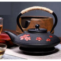 煮茶壺生鐵壺無塗層茶具(規格:黑紅櫻花) 