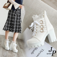 【JP Queen New York】公主蕾絲緞帶內刷毛英倫高跟短靴(4色可選)