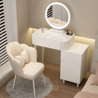 奶油風小戶型梳妝台(Q款70桌+櫃+智能鏡+全白花瓣椅)