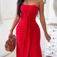 Women Sexy Backless Strapless Solid Mido Dress New Summer Bandeau Ruched Off Shoulder Hook Flower Hollow Slit Casual Dresses