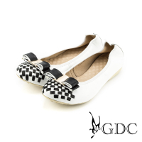 GDC-蝴蝶結雙色編織格紋彈力舒適真皮平底娃娃鞋-白色