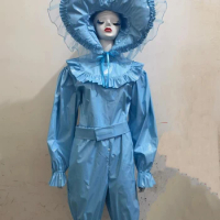 Hot maid French sissy lockable baby blue PVC creeper dress uniform Cosplay dress