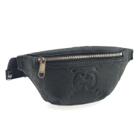 【GUCCI 古馳】黑色大雙G壓紋牛皮斜背胸口包腰包(展示品)