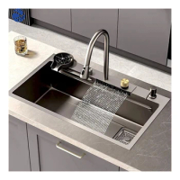 YYHC New Trends Kitchen Sinks Handmade Single Bowl Waterfall 304 SUS Stainless Steel with pulling faucet Apron Mount