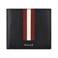 【BALLY】BALLY TRASAI銀字LOGO牛皮飾黑白條紋8卡對折短夾(黑)
