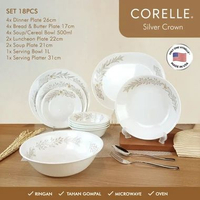 CORELLE Silver Crown Dinner Set Piring Mangkuk Keramik Kaca Vitrelle Anti Gompal Microwave dan Oven 