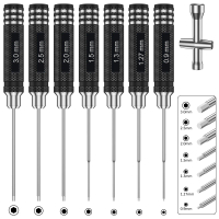 Set of 7 hexagonal screwdrivers for RC cars, covering all sizes (0.9/1.27/1.3/1.5/2.0/2.5/3.0 mm). T