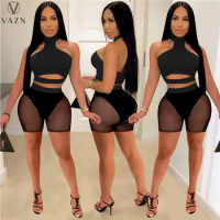 VAZN 2022 New Luxury Designer Black Young Sexy Club See Through Lace Bikini Top + Short Pants Women Skinny 2 Piece Sets