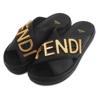 FENDI GRAPHY 經典品牌金屬LOGO皮革涼鞋(黑/金LOGO/8X8289)
