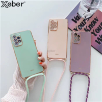 Luxury Square Plating Crossbody Strap With Lanyard Phone Case For Samsung Galaxy S24 S23 Ultra S22 S21 Plus Soft Silicone Cover