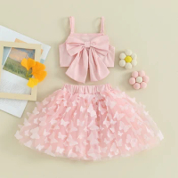 Toddler Baby Girls Summer 2pcs Clothes Set Fashion Square Neck Adjustable Spaghetti Strap Tank Top Elastic Waist Mesh Skirt