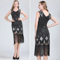 Great Gatsby Dress 1920s Flapper Dress Vintage Evening Party Gown Embellished Sequin Tassel Midi Dress