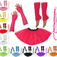 1980s 80s costume fancy dress Neon UV Tutu Set Skirt Gloves Leg Warmers Beads Womens 80s Fancy Dress Costume