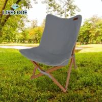 【LIFECODE】《北歐風》雙層帆布櫸木折疊椅/小川椅-藍灰色