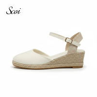SCOI Sepatu Wedges Wanita Cream Kanvas Espadrilles Tali Ankle Elegan