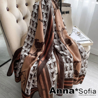 【AnnaSofia】柔軟棉麻感披肩圍巾-歐美馬車彩條框 現貨(咖框系)