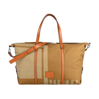 【Paul Smith】PAUL SMITH皮標LOGO雙拉鍊頭棉質帆布滾邊小牛皮拉鍊手提斜背包(卡其x淺干邑棕)