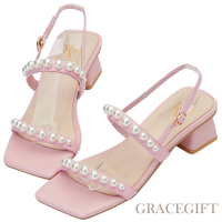 【Grace Gift】小貓聯名-珍珠糖霜真皮細帶中跟涼鞋 粉