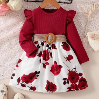 Haasya Kids 1-7Y Kids Girl Fly Sleeve Floral Print Long Sleeve O-neck A-line Princess Dress Lovely C