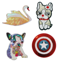 Large Sequin Heat Transfer Patch Clothes Ironing DIY Hot Sticker Swan Dog Superhero Embroidery Patch Badge T-shirt