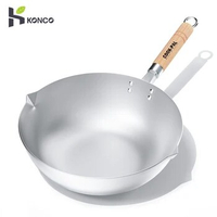 99.7%Pure Titanium Wok 30/33/36cm Titanium Frying Pan Uncoated Non Stick Skillet Pan with Wood Handle for Gas and Induction