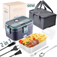 60W Fast Electric Heating Lunch Box Dual Use Car Truck Office Heated Food Warmer Container Stainless Steel 12V 24V 110V 220V Set