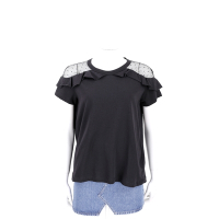 RED VALENTINO 網紗蕾絲拼接黑色抓折荷葉短袖TEE T恤