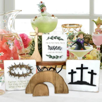 5Pcs Jesus Tomb-Easter Tray Bundle Kit, He Is Risen Wooden Easter Jesus Sign Tiered Tray Decorations, Easter Tiered Tray