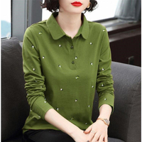 春秋新款純棉POLO衫媽媽裝長袖繡花寬松韓版百搭T恤女打底衫T