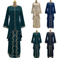 Two Pieces Muslim Suits Malaysia Traditional Tops Skirts Set Embroidery Baju Kurung For Women Middle East Islamic Ramadan Suits