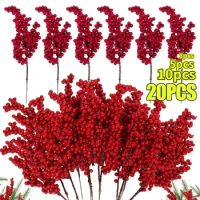 Artificial Berries Christmas Decoration Red Berry Branches for Xmas Tree Party Home Table Ornaments Red Fruit Wreath DIY Gift
