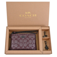 COACH 金屬馬車LOGO印花皮革拉鍊小手拿包/吊飾禮盒組(酒紅)