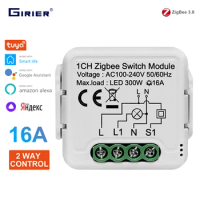 GIRIER Tuya ZigBee Smart Switch Module 16A Smart Home Automation Breaker Support 2 Way Control Work with Alexa Alice Google Home