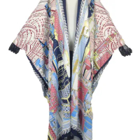 Elegant Casual European Printed Silk Long Kimonos For Swimwear Women Dubai Muslim Bohemian Robe Kaftan Cardigan For Ramadan