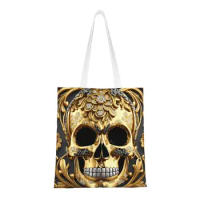 Custom Skull Baroque 3D Jewelry Rococo Gold Bling Floral Canvas Shopping Bag Women Reusable Grocery Shopper Tote Bags