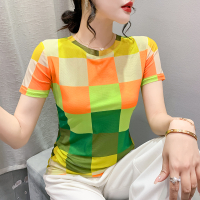 Yimei Áo thun kẻ ca rô đẹp cho nữ áo vải sợi họa tiết hoa định vị in ấn thời trang mùa hè 2023 Áo lư