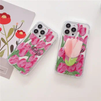 Luxury Tulip Flowers Makeup Mirror Phone Case for Apple iPhone,7, 8 Plus,11,12,13 Pro Max, X, XS, XR Cover, Adjustable Kickstand