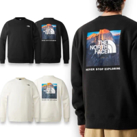 【The North Face】北臉 男女同款 背面山脈 大學TEE 厚款刷毛 長袖